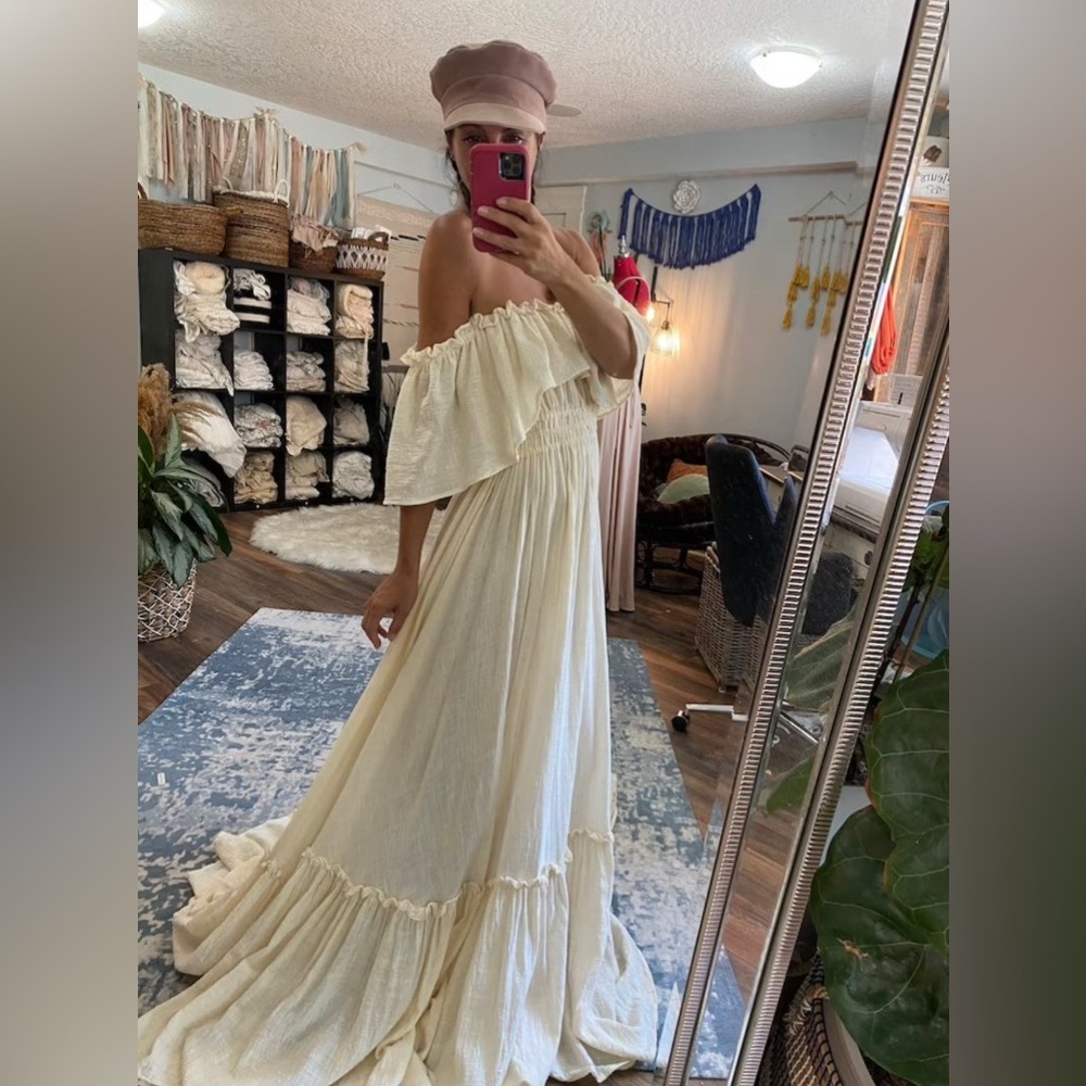 Strapless Off-Shoulder Cream Maxi Dress